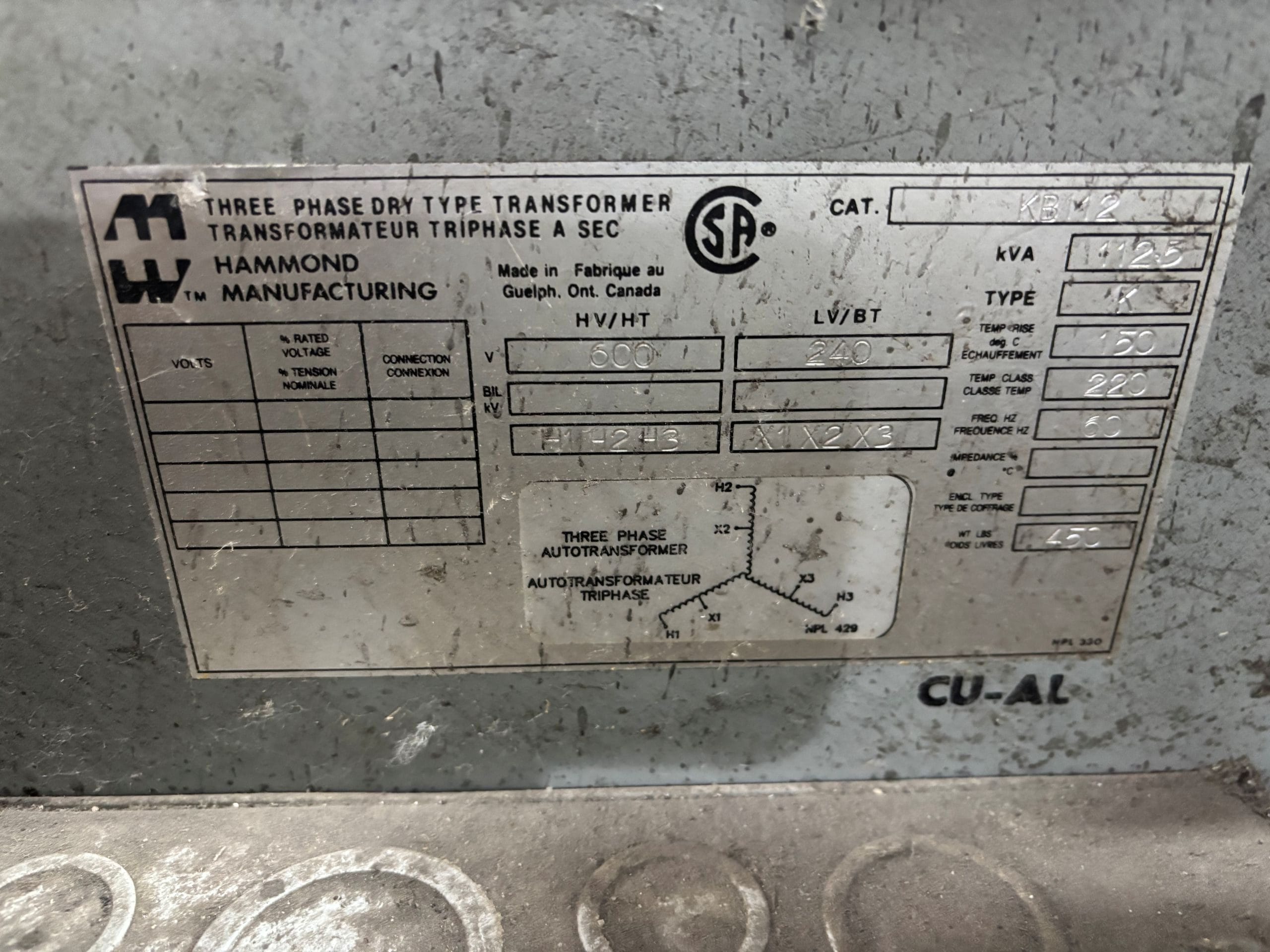 Used 112.5 KVA 600Y to 240Y 3-phase auto dry transformer, indoor
