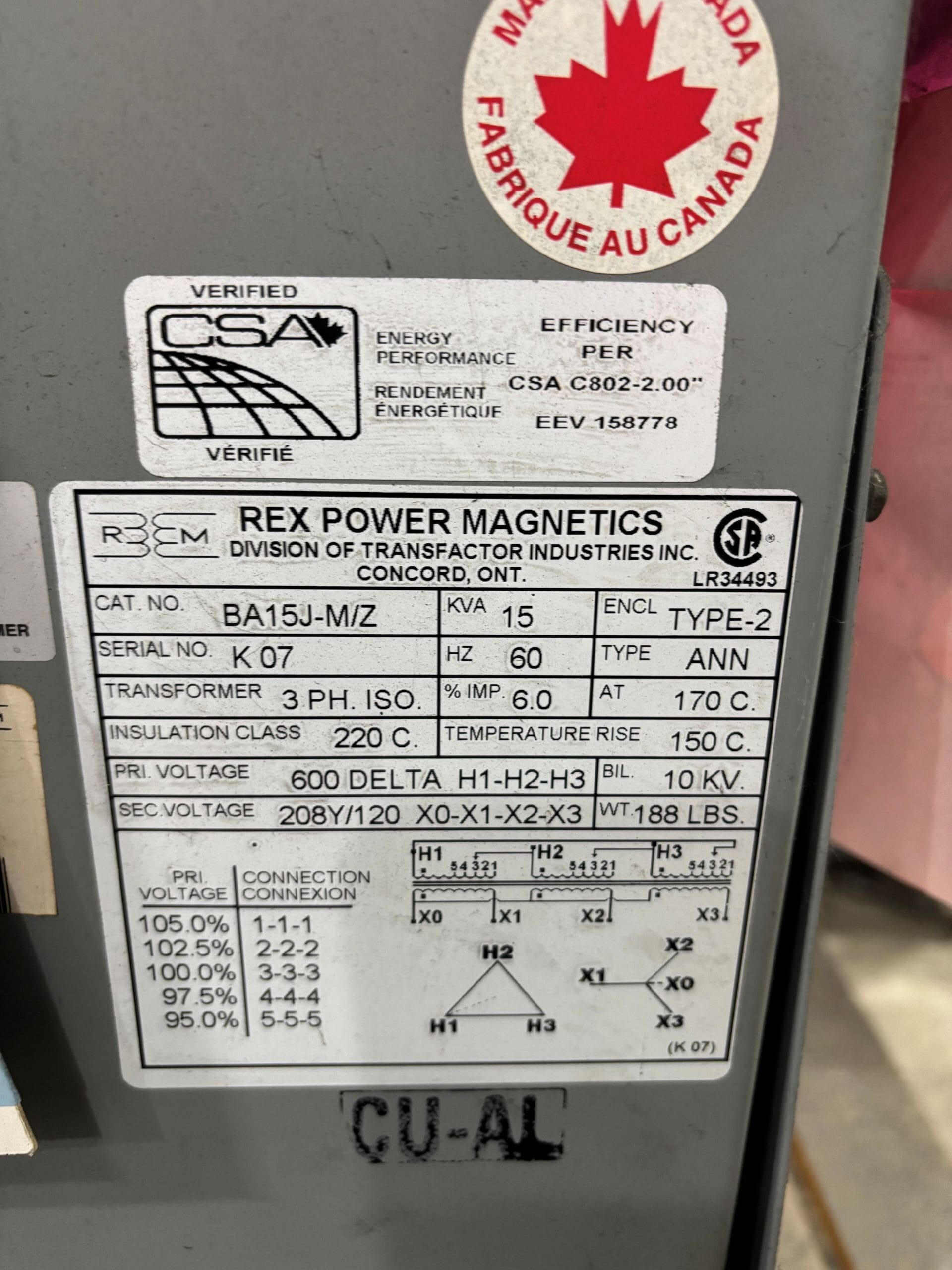 Used 15 KVA 600 Delta to 208Y/120 3-phase isolation dry transformer, indoor