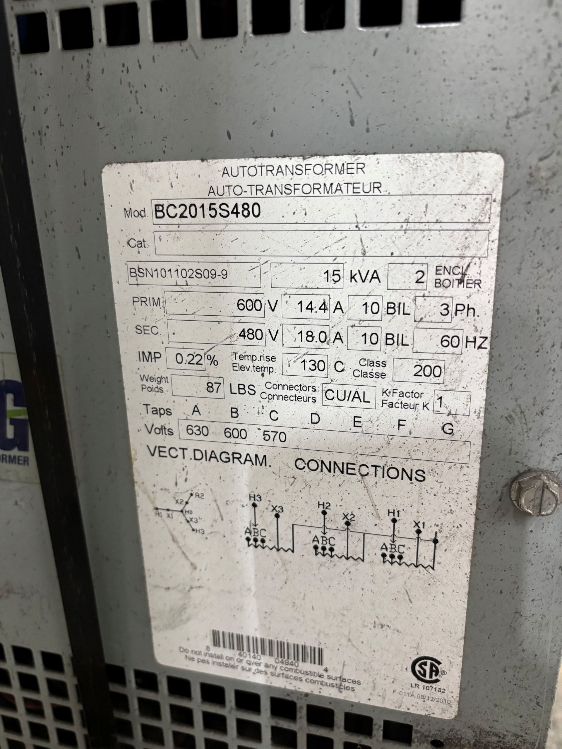 Used 15 KVA 600Y to 480Y 3-phase auto dry transformer, indoor