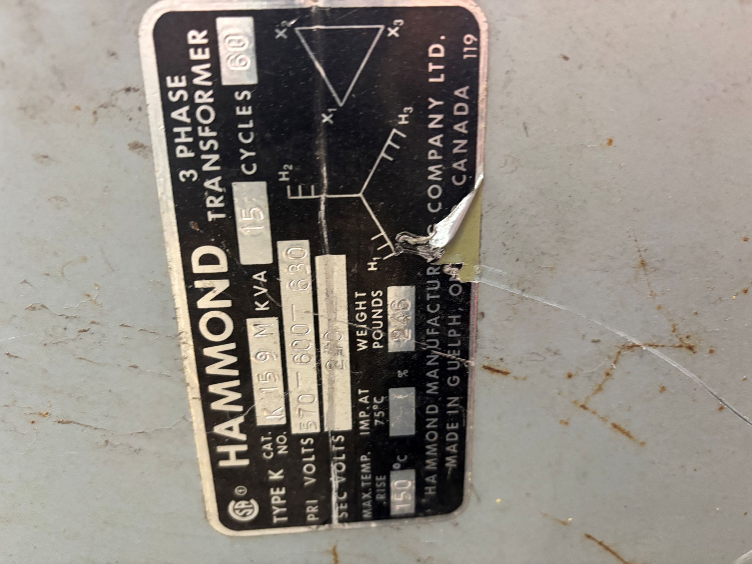 Used 15 KVA 600Y347 to 240 delta 3-phase isolation dry transformer, indoor