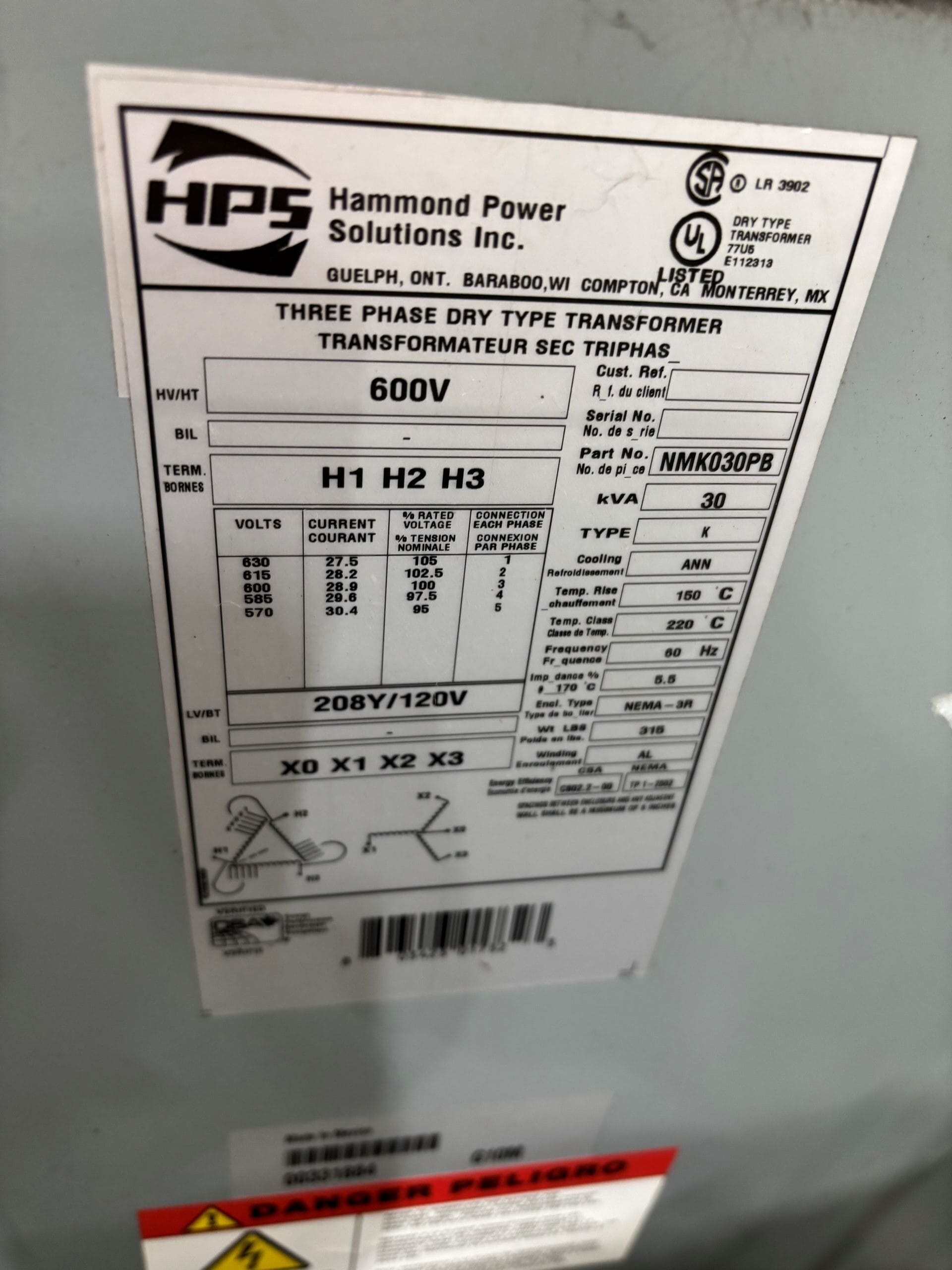 Used 30 KVA 600 Delta to 208Y/120 3-phase isolation dry transformer, N3R rated outdoor