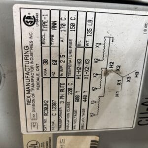 Used 30 KVA 600Y to 440Y 3-phase auto dry transformer, indoor