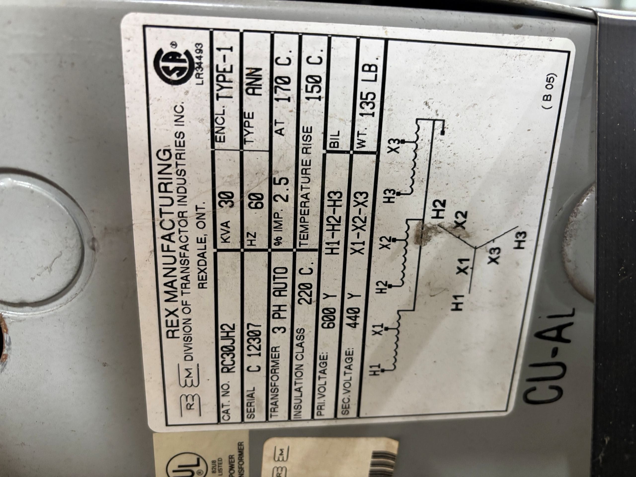 Used 30 KVA 600Y to 440Y 3-phase auto dry transformer, indoor