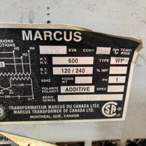 Used 37.5 KVA 600 to 120/240 single phase isolation dry transformer, indoor