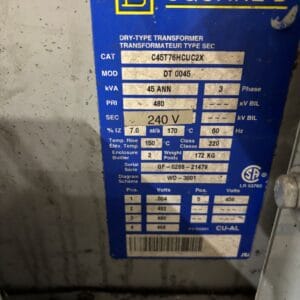 Used 45 KVA 480 delta to 240 delta 3-phase isolation dry transformer, indoor