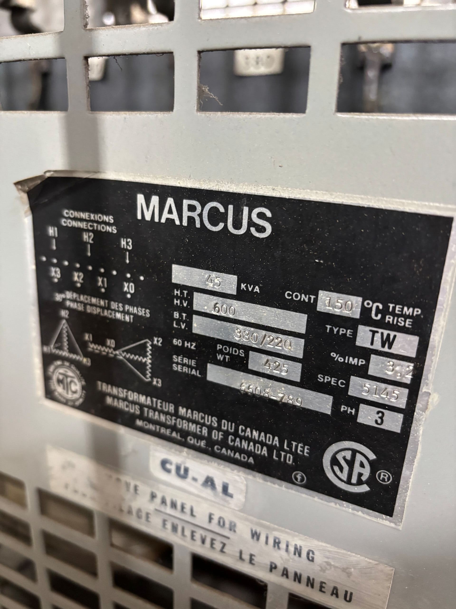 Used 45 KVA 600 Delta to 380Y/220 3-phase isolation dry transformer, indoor