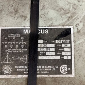 Used 7.5 KVA 600 Delta to 208Y/120 three phase isolation dry transformer, indoor