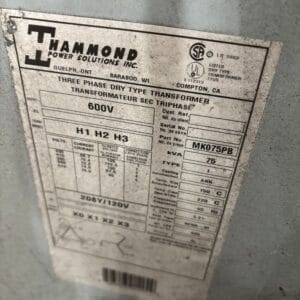 Used 75 KVA 600 Delta to 208Y/120 3-phase isolation dry transformer, N3R rated outdoor
