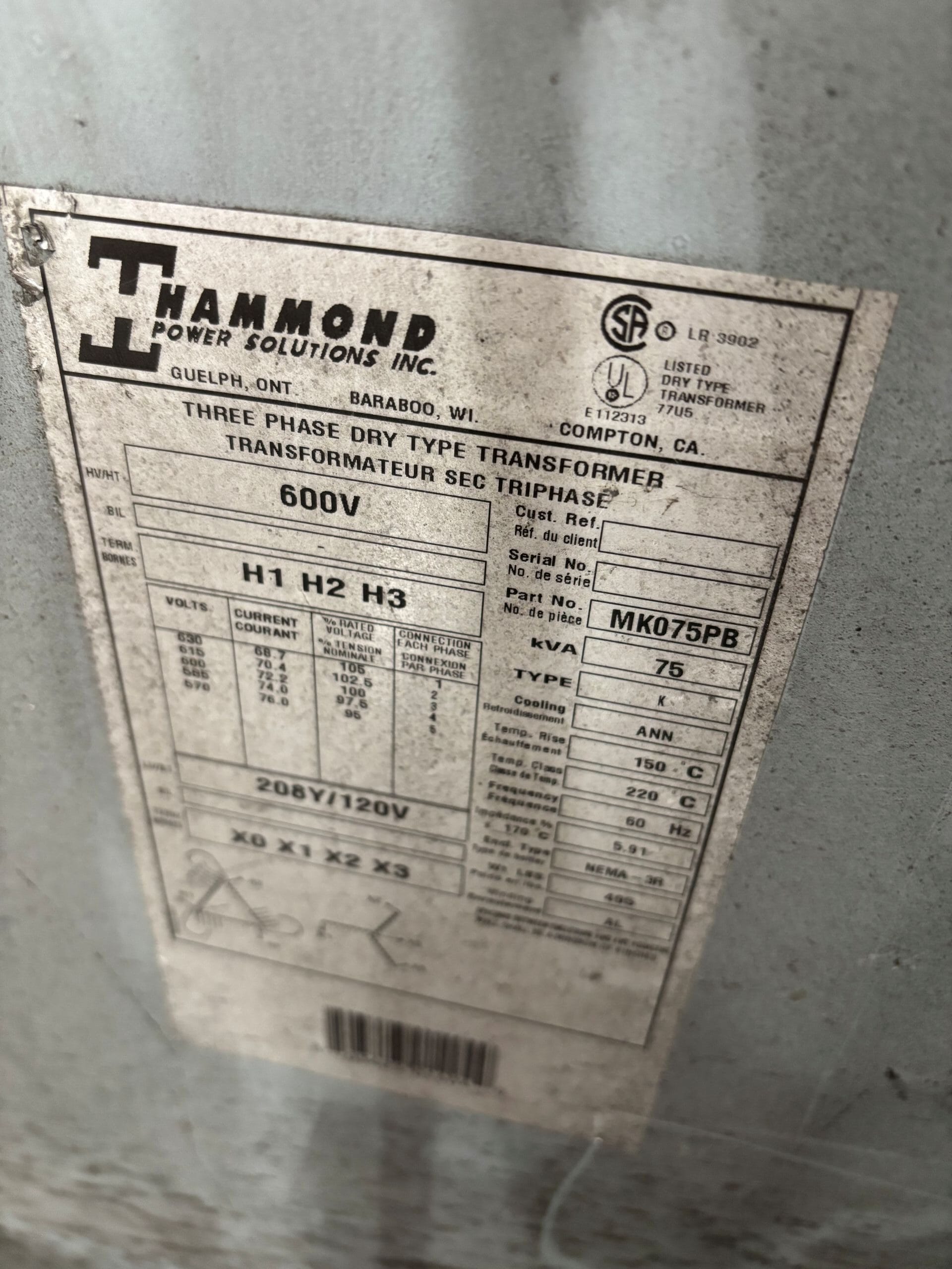 Used 75 KVA 600 Delta to 208Y/120 3-phase isolation dry transformer, N3R rated outdoor
