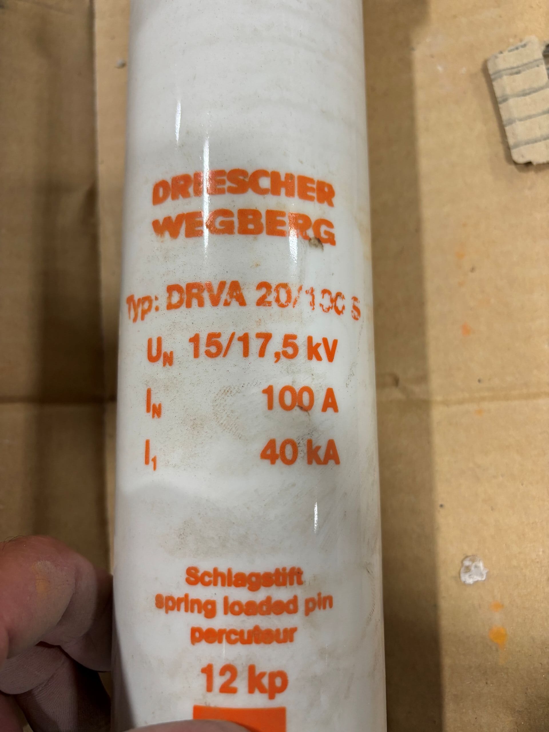Surplus Driescher Wegberg 15/17.5 KV 100A Power Fuse Model DRVA20/100S, 40KA