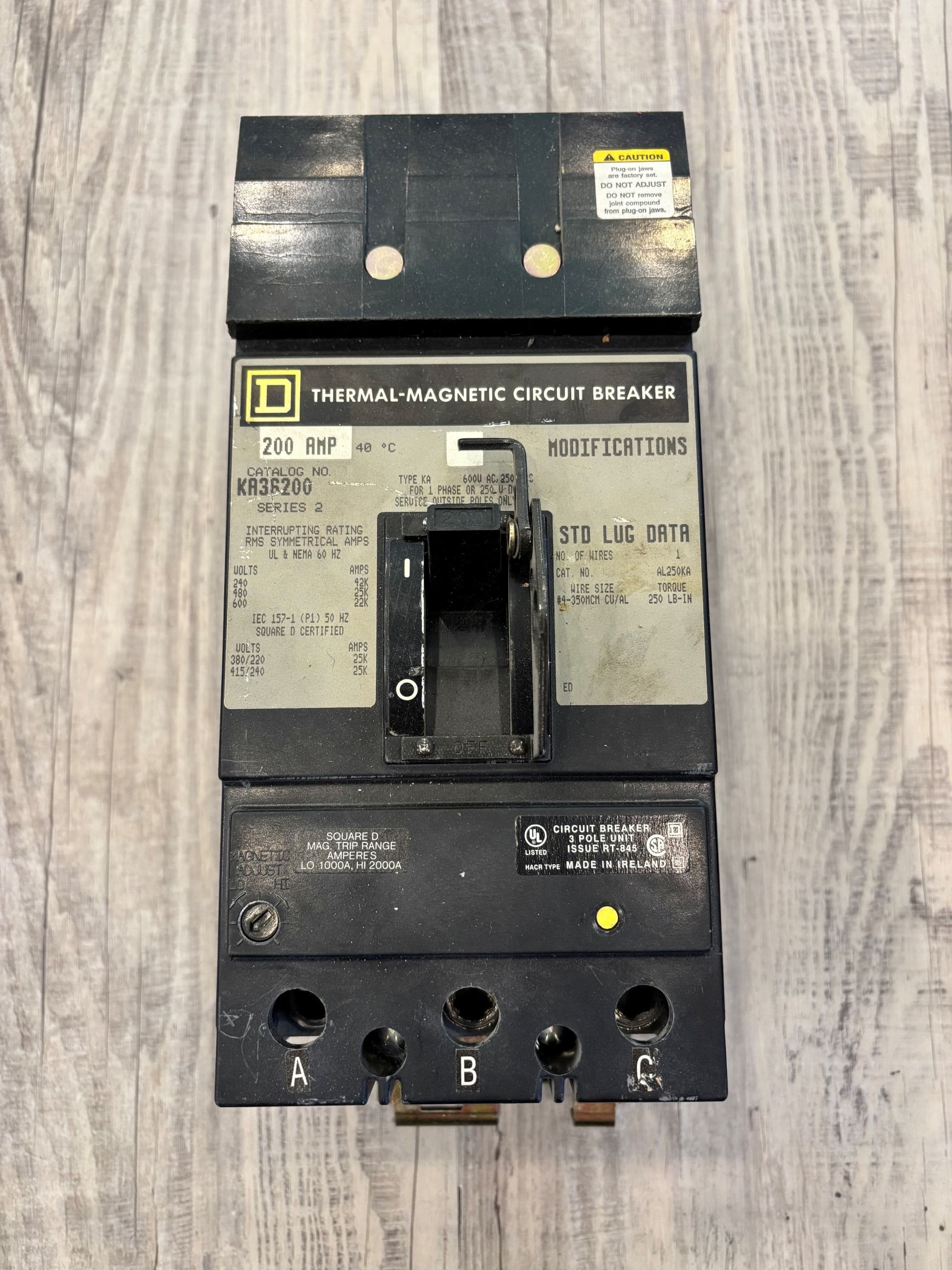 Used Square-D 200A 600V 3P I-Line molded case breaker model KA36200, 22KA