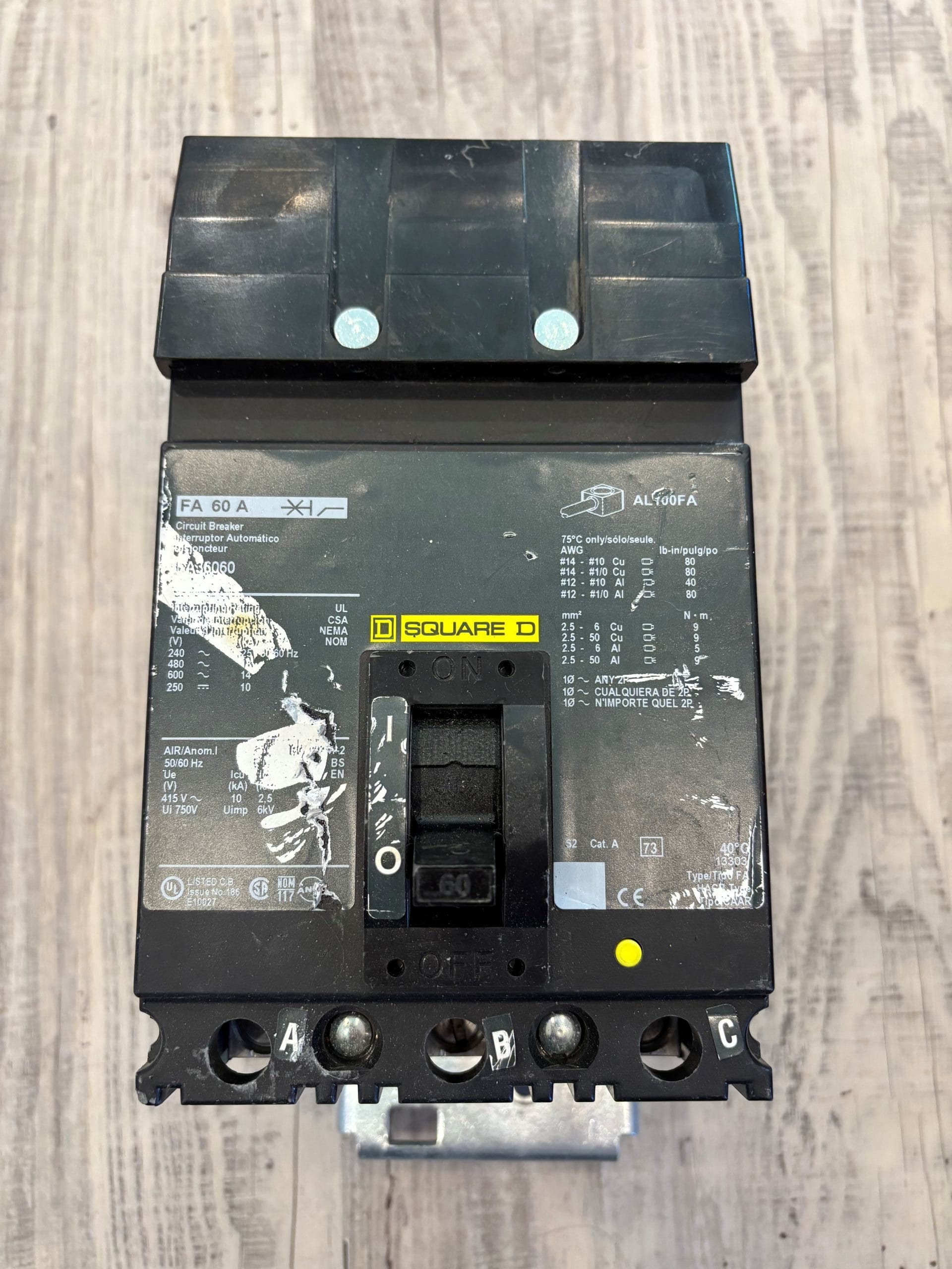 Used Square-D 60A 600V 3P I-Line molded case breaker model FA36060, 14KA - Image 2