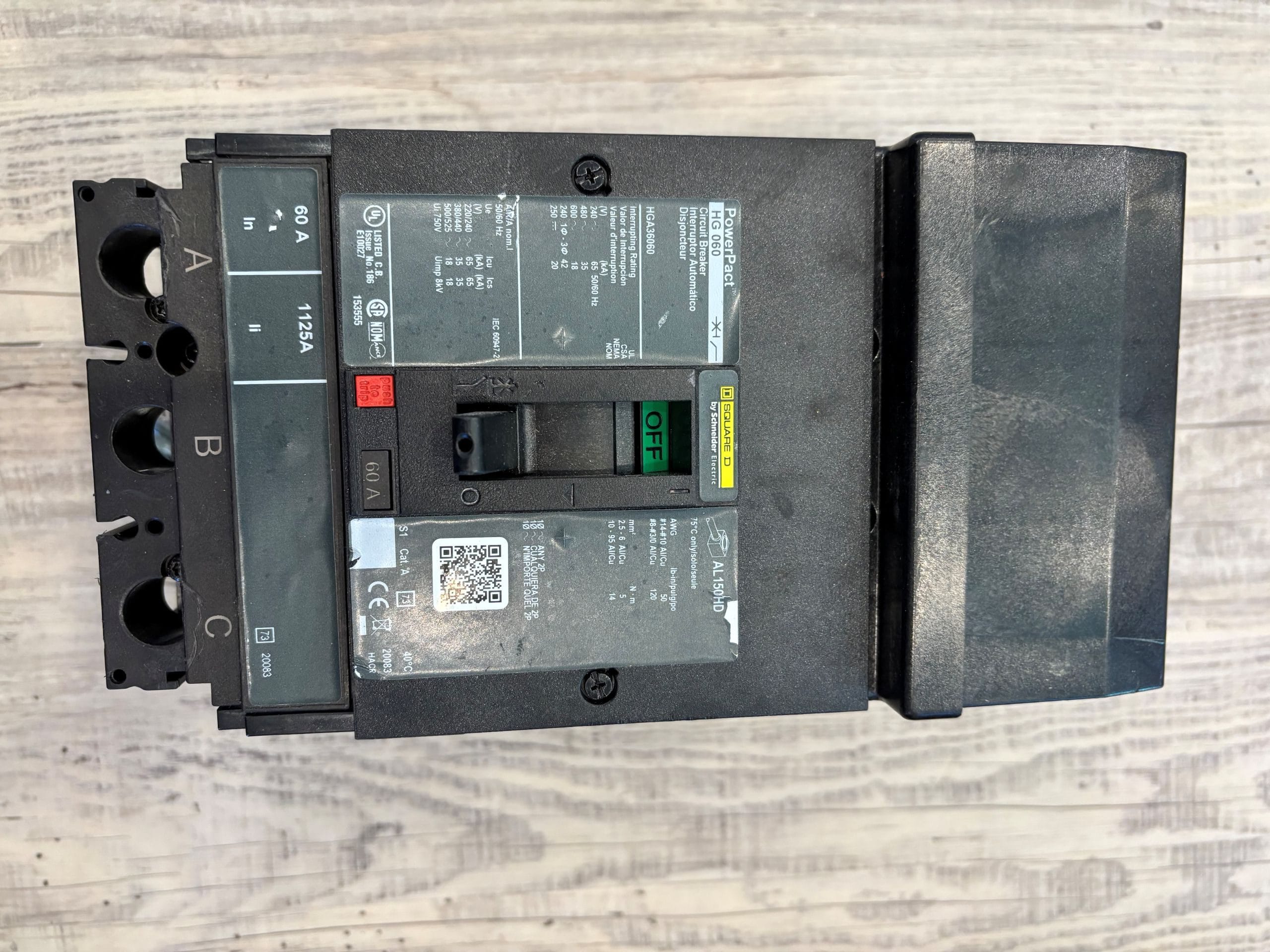 Used Square-D 60A 600V 3P I-Line molded case breaker model HGA36060, 18KA