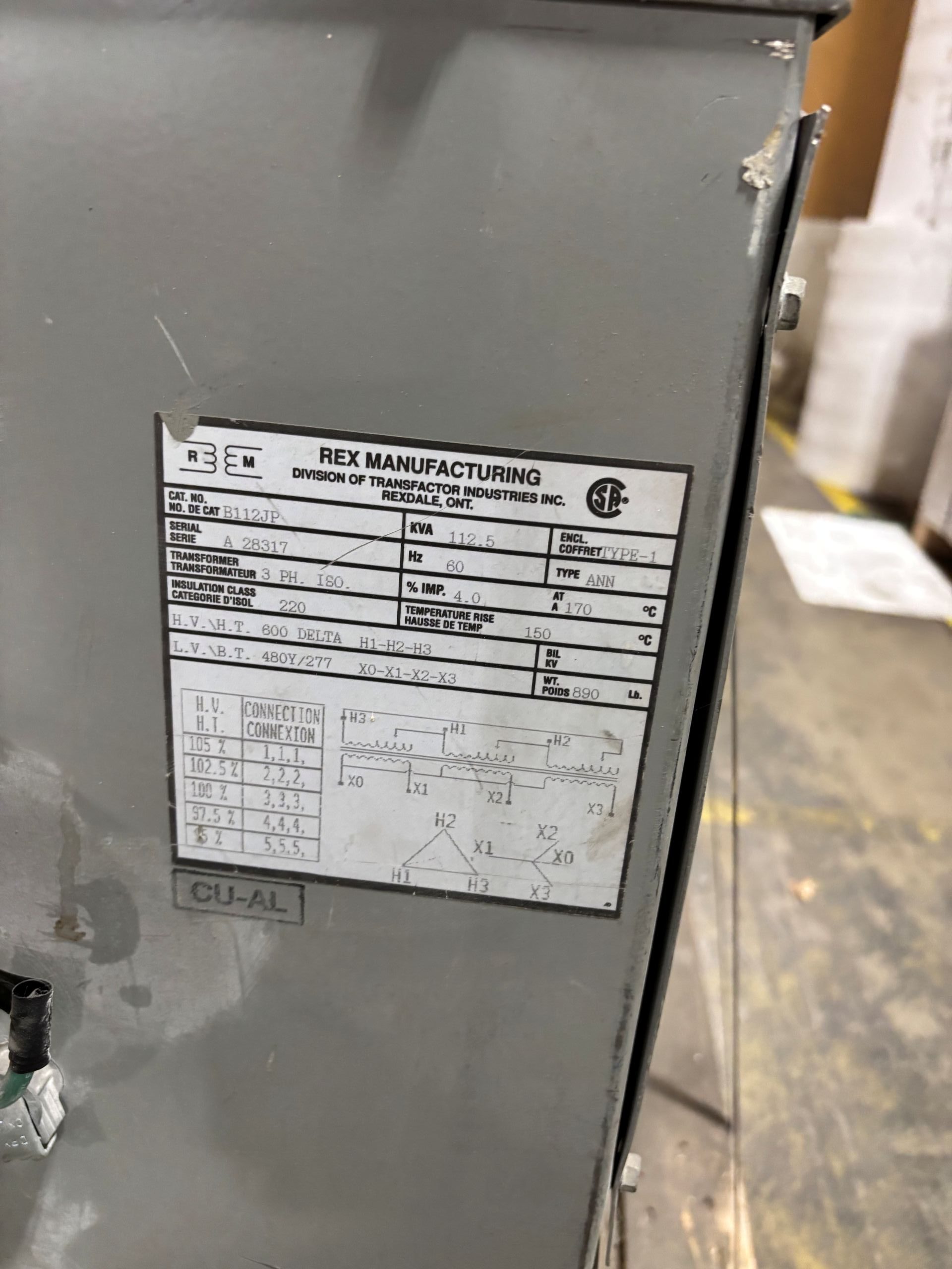 Used 112.5 KVA 600 Delta to 480Y/277 3-phase isolation dry transformer, N1 rated indoor