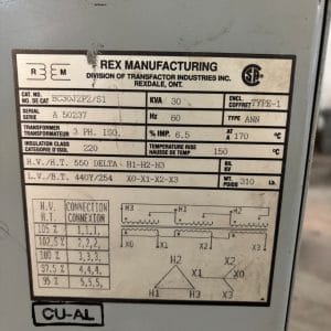 Used 30 KVA 550 Delta to 440Y254 3-phase isolation dry transformer, N1 rated indoor