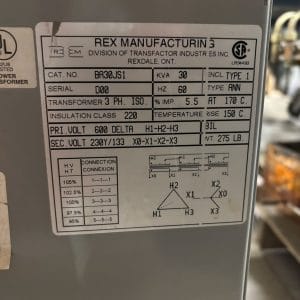 Used 30 KVA 600 Delta to 230Y133 3-phase isolation dry transformer, N1 rated indoor