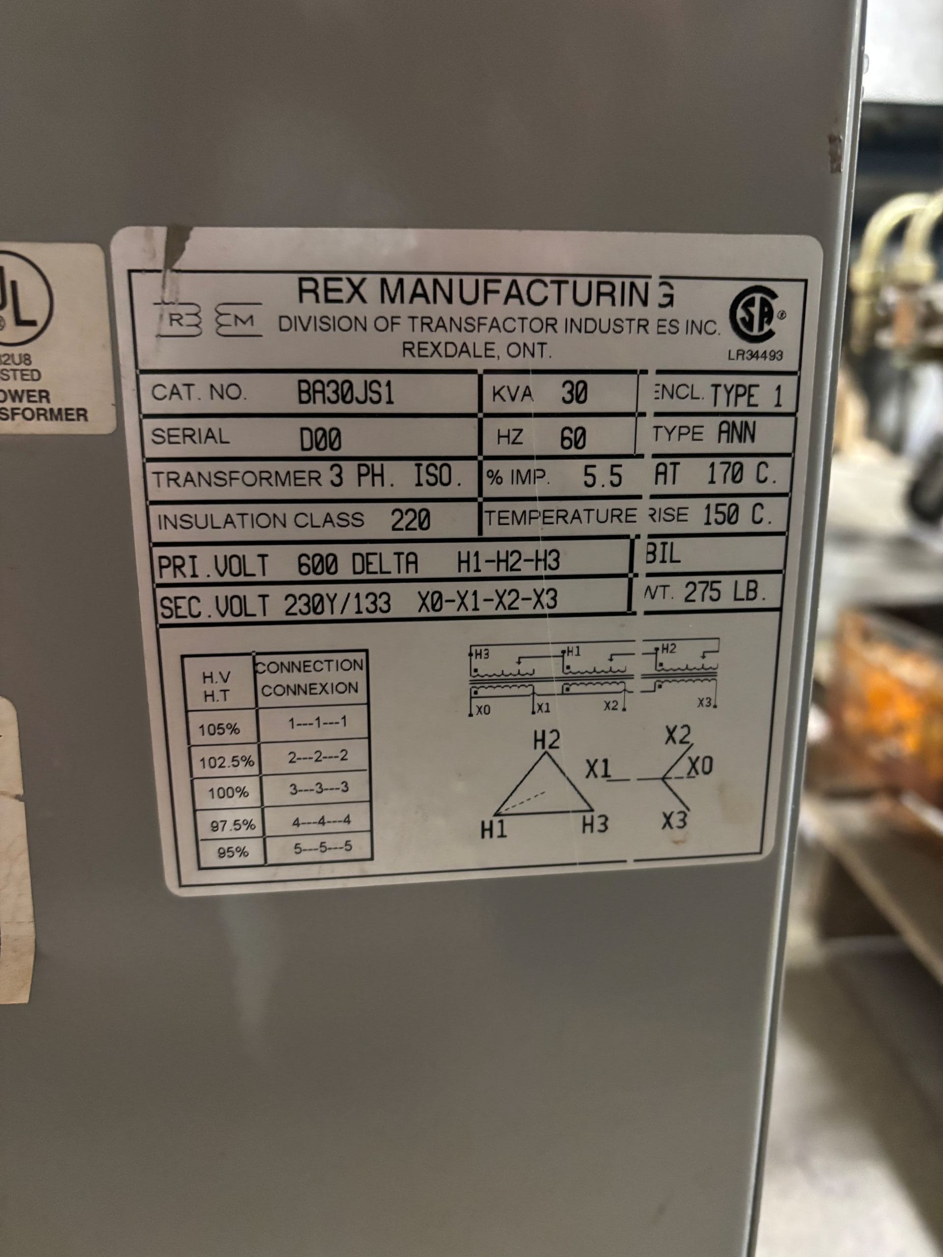 Used 30 KVA 600 Delta to 230Y133 3-phase isolation dry transformer, N1 rated indoor