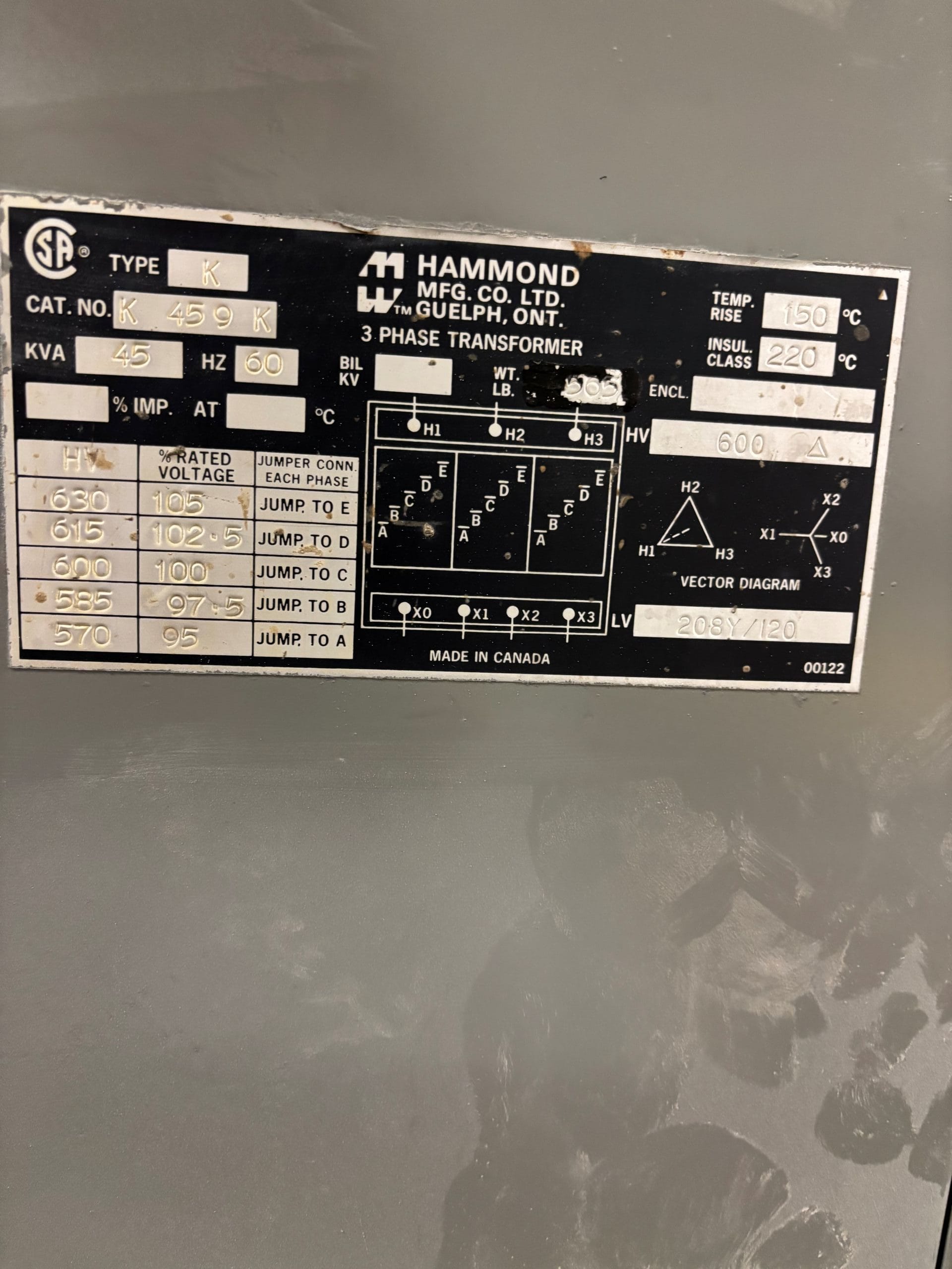 Used 45 KVA 600 Delta to 208Y120, 3-phase isolation dry transformer, N1 rated indoor