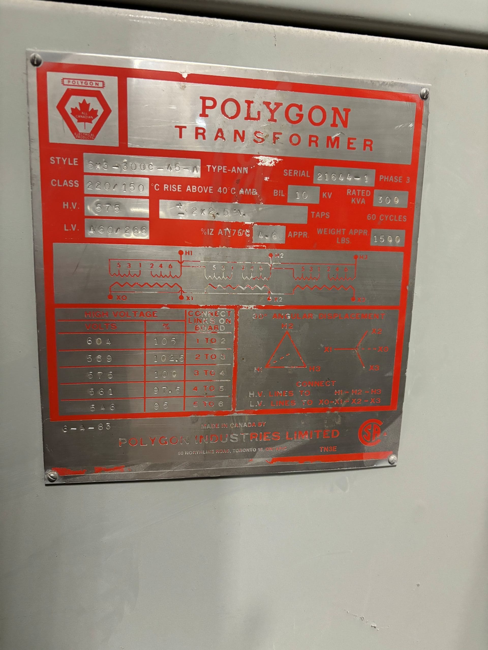 Used 300 KVA 575 Delta to 460Y/266 3-phase isolation dry transformer, N1 rated indoor