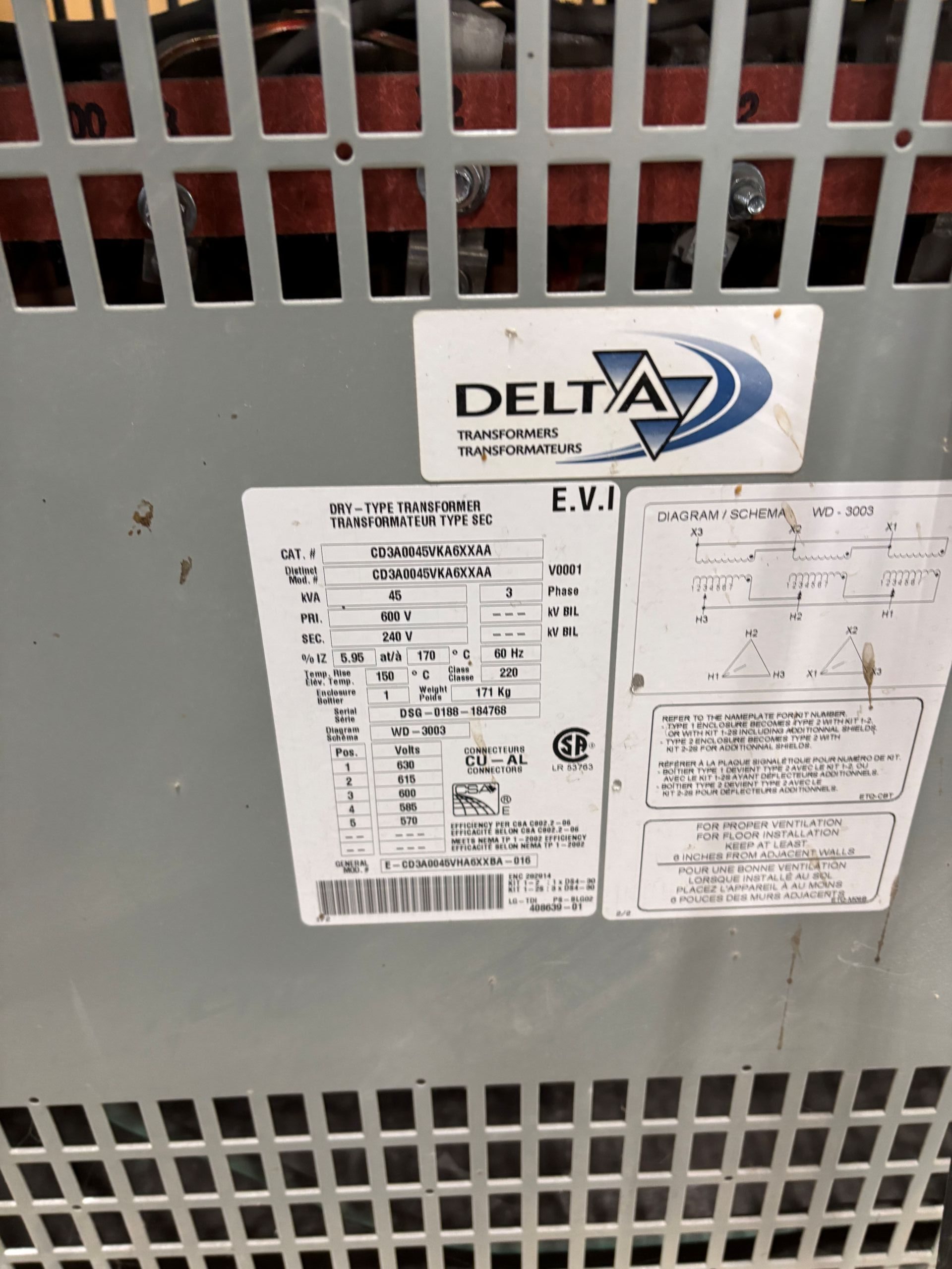 Used 45 KVA 600 Delta to 240 Delta 3-phase isolation dry transformer, N1 rated indoor
