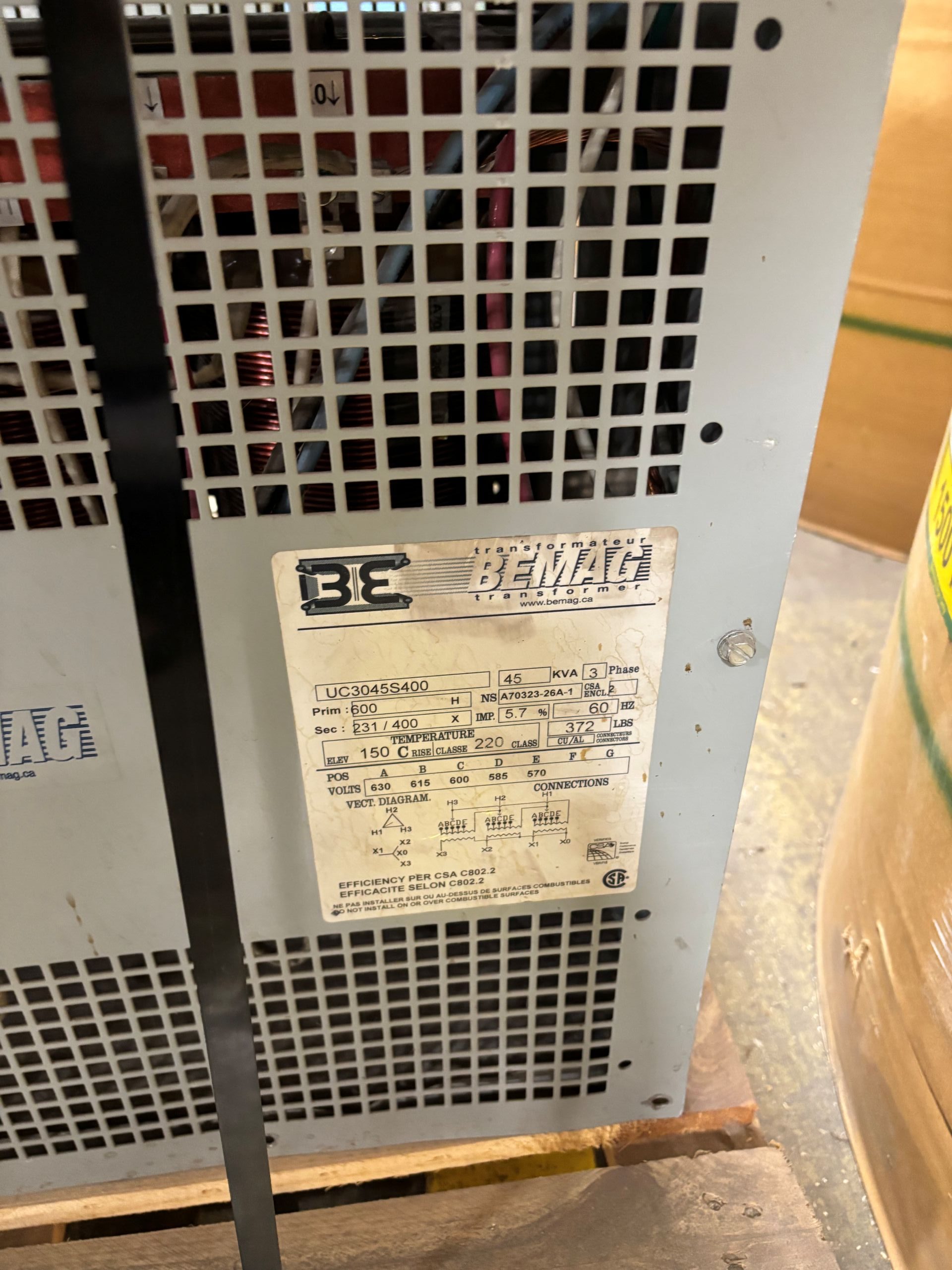 Used 45 KVA 600 Delta to 400Y/231 3-phase isolation dry transformer, N1 rated indoor