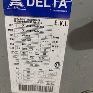 Used 45 KVA 600Y to 480Y 3-phase auto type dry transformer, N1 rated indoor