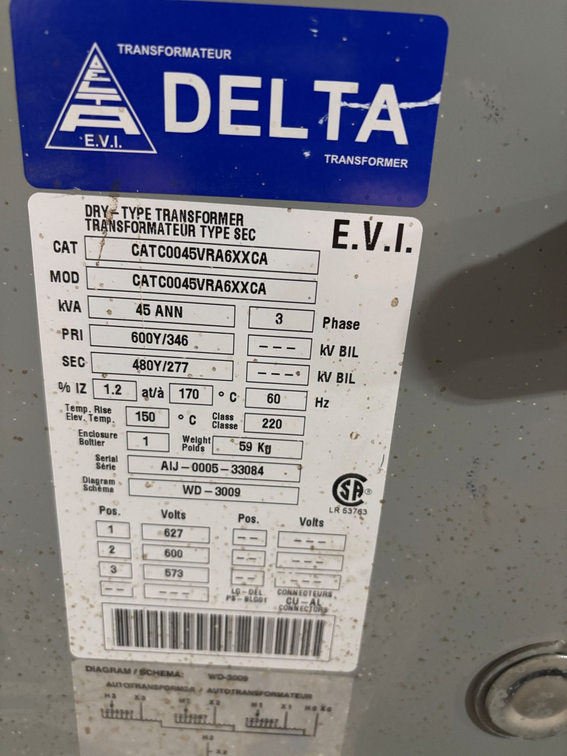 Used 45 KVA 600Y to 480Y 3-phase auto type dry transformer, N1 rated indoor