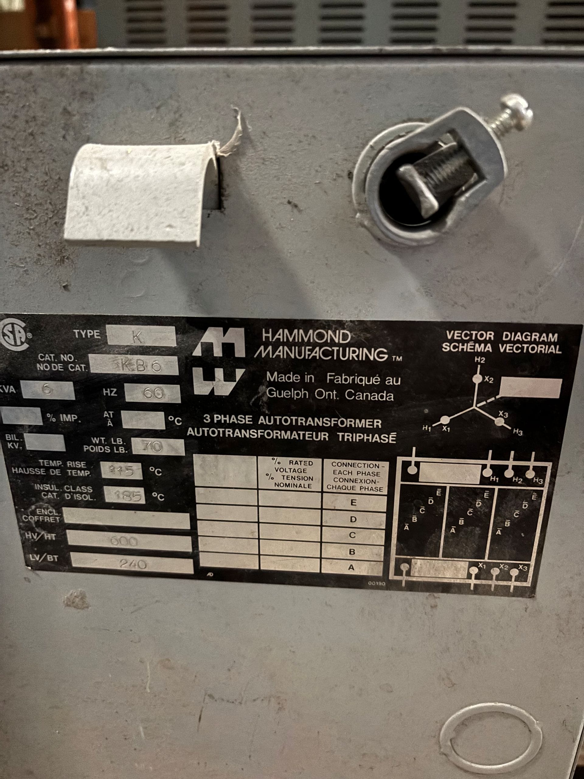 Used 6 KVA 600Y to 240Y 3-phase auto type dry transformer, N1 rated indoor