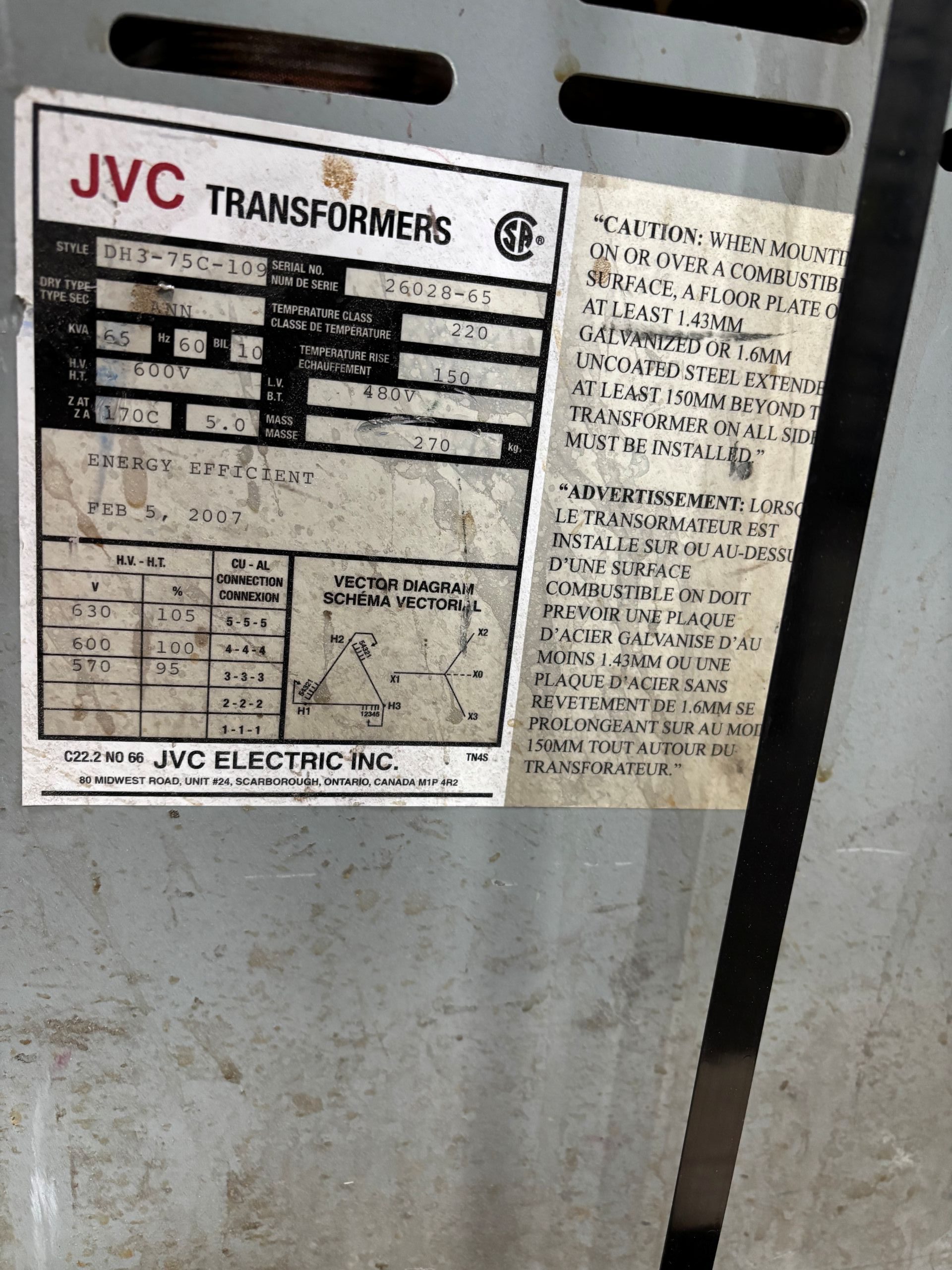 Used 65 KVA 600 Delta to 480Y/277 3-phase isolation dry transformer, N1 rated indoor