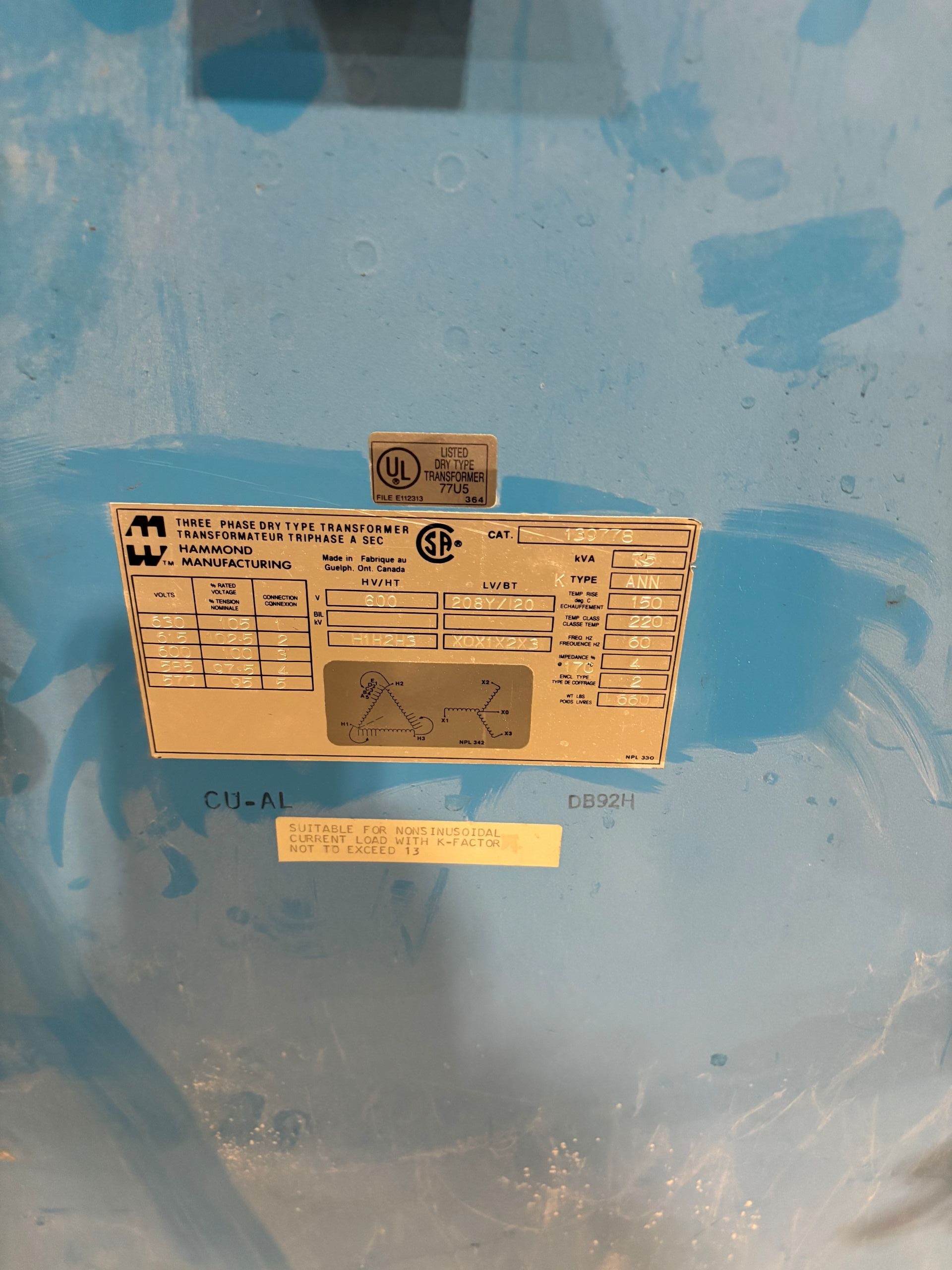Used 75 KVA 600 Delta to 208Y/120V 3-phase isolation dry transformer, N1 rated indoor