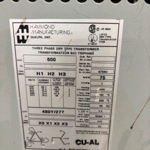 Used 75 KVA 600 Delta to 480Y/277 3-phase isolation dry transformer, N1 rated indoor