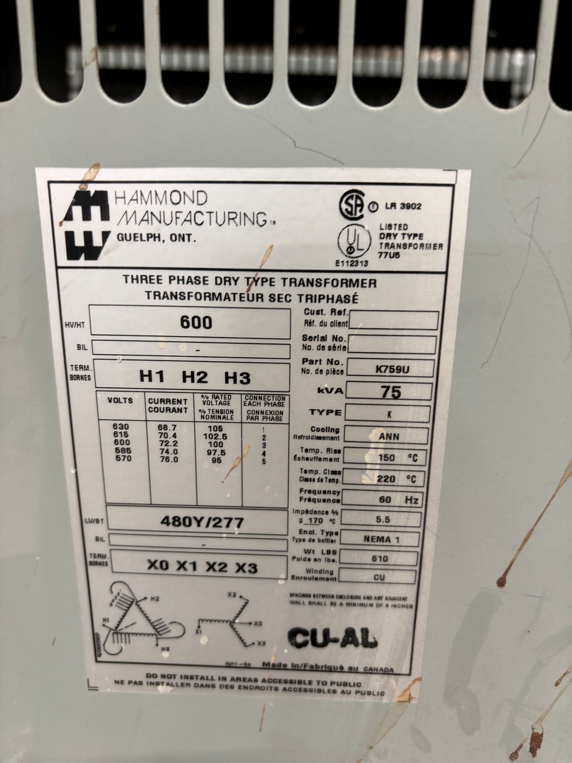 Used 75 KVA 600 Delta to 480Y/277 3-phase isolation dry transformer, N1 rated indoor