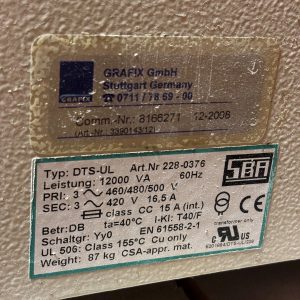 Surplus 12 KVA 460/480/500V Wye to 420 Wye 3-phase isolation dry type DTS transformer, N1 rated indoor, UL506 class