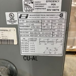 Used 150 KVA 600 Delta to 400Y/231 3-phase isolation dry transformer, N1 rated indoor