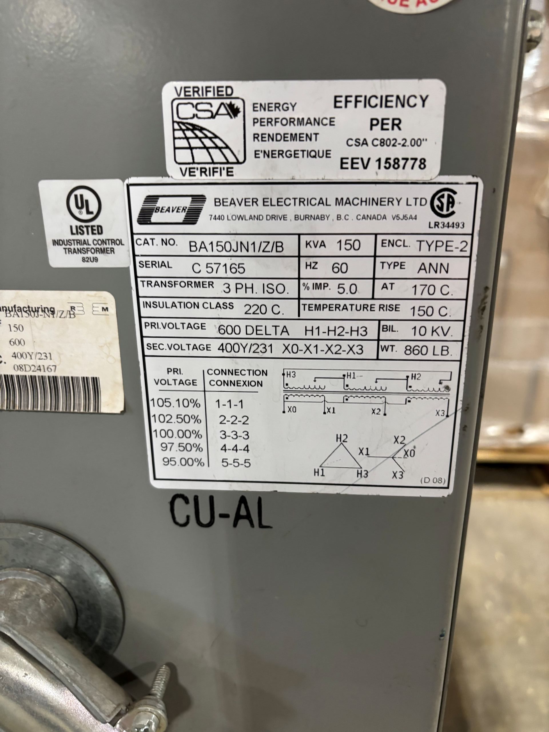 Used 150 KVA 600 Delta to 400Y/231 3-phase isolation dry transformer, N1 rated indoor