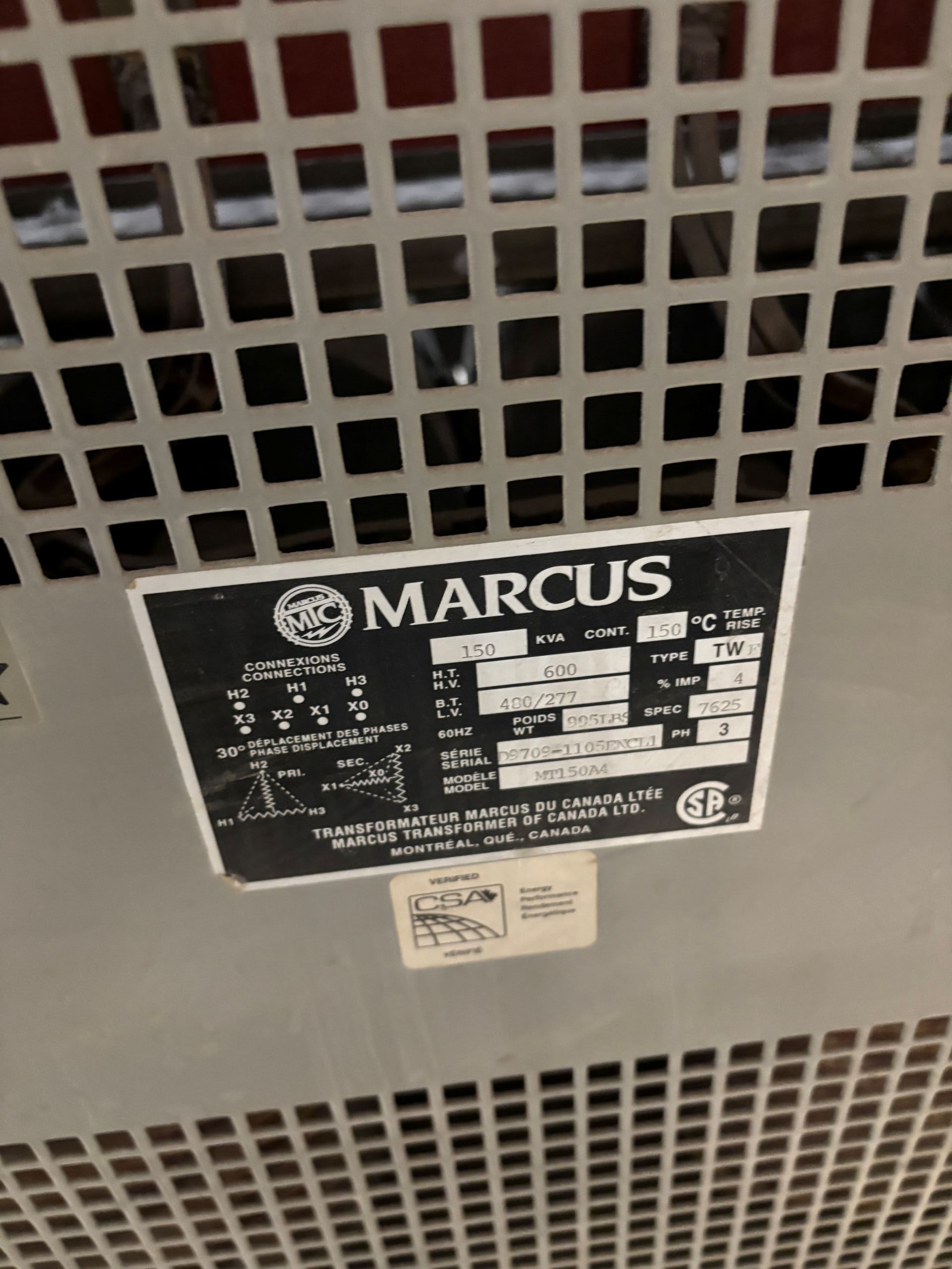 Used 150 KVA 600 Delta to 480Y/277 3-phase isolation dry transformer, N1 rated indoor - Image 4