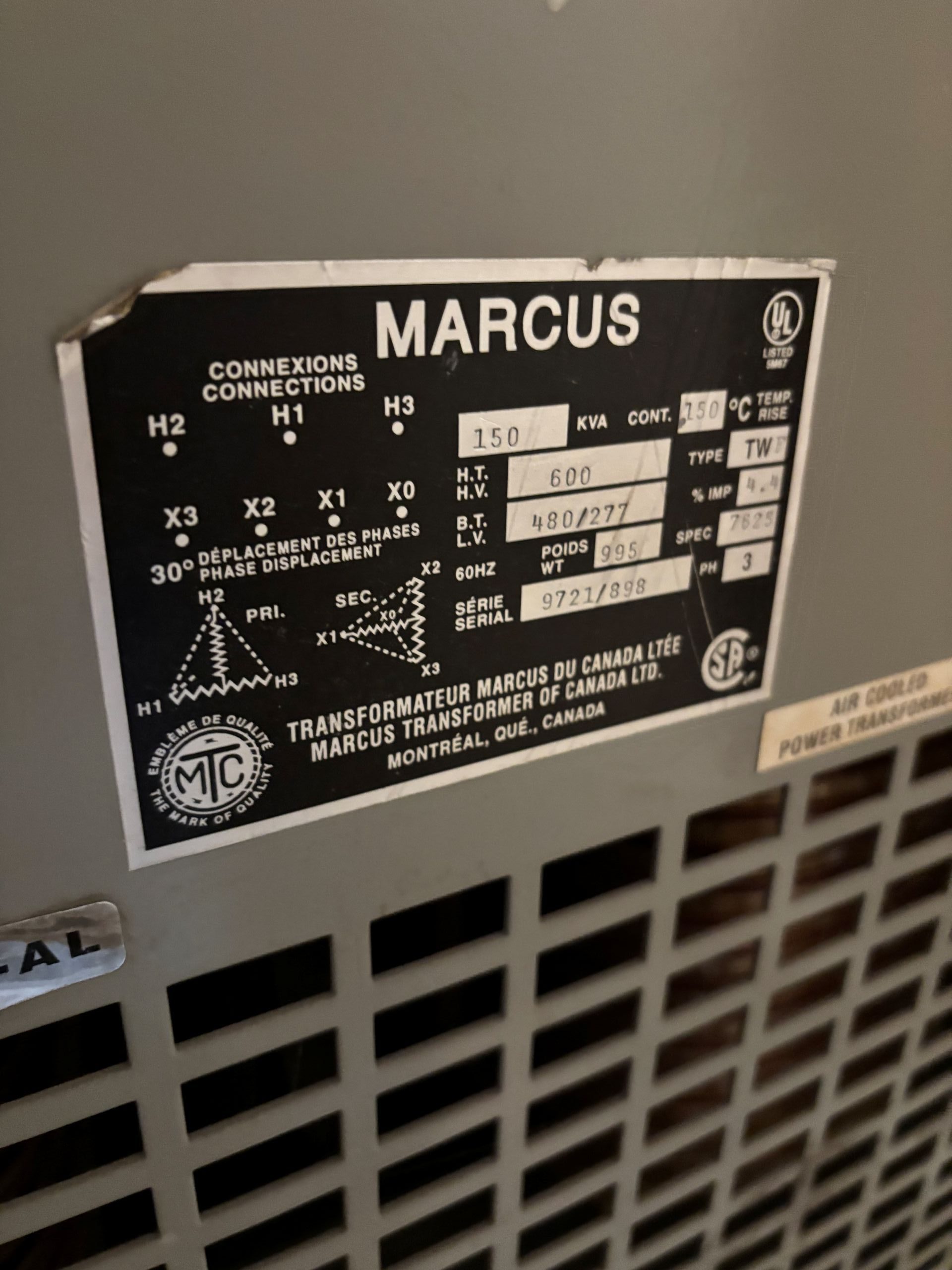 Used 150 KVA 600 Delta to 480Y/277 3-phase isolation dry transformer, N1 rated indoor