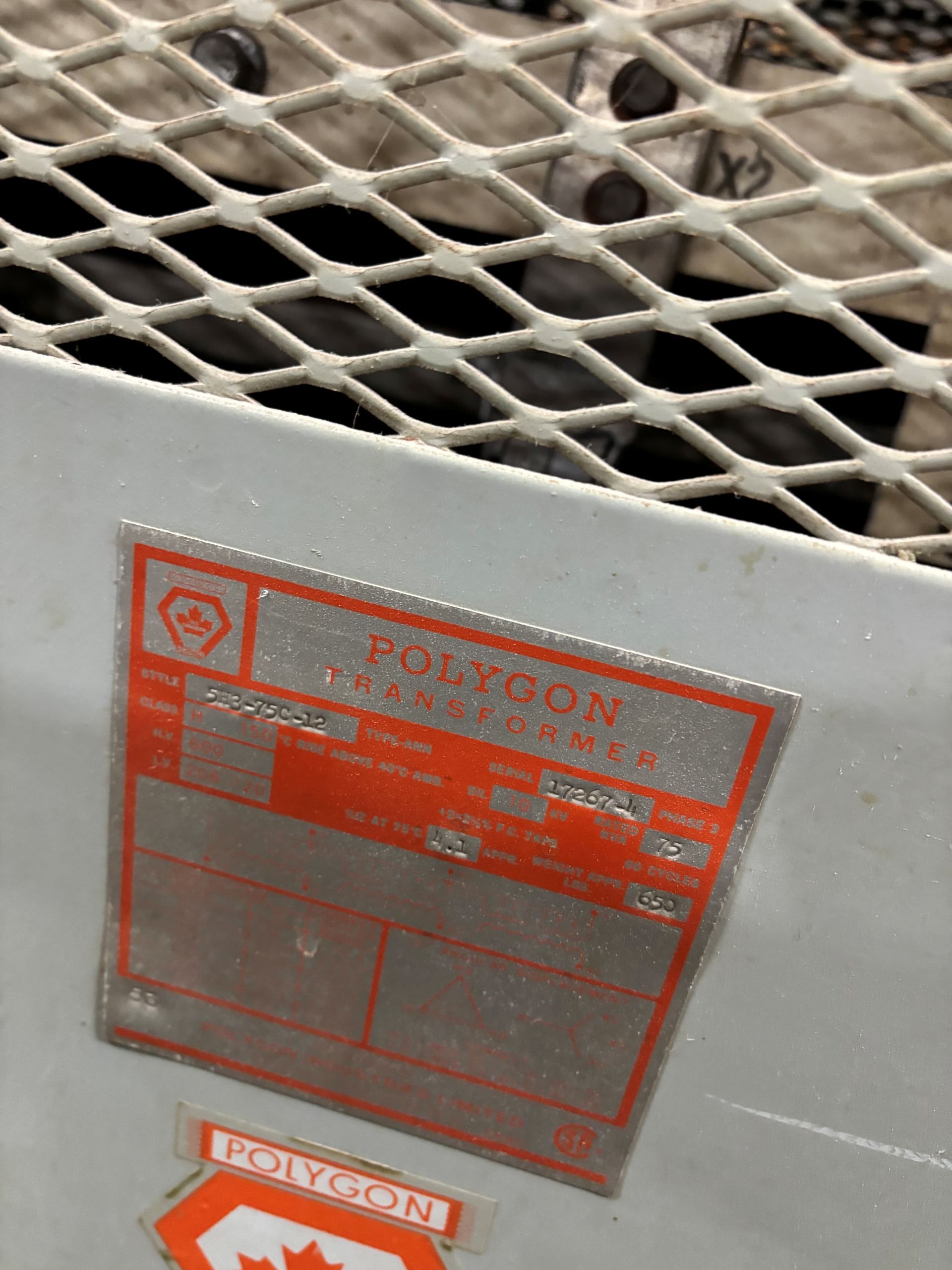 Used 75 KVA 600 Delta to 208Y/120V 3-phase isolation dry transformer, N1 rated indoor
